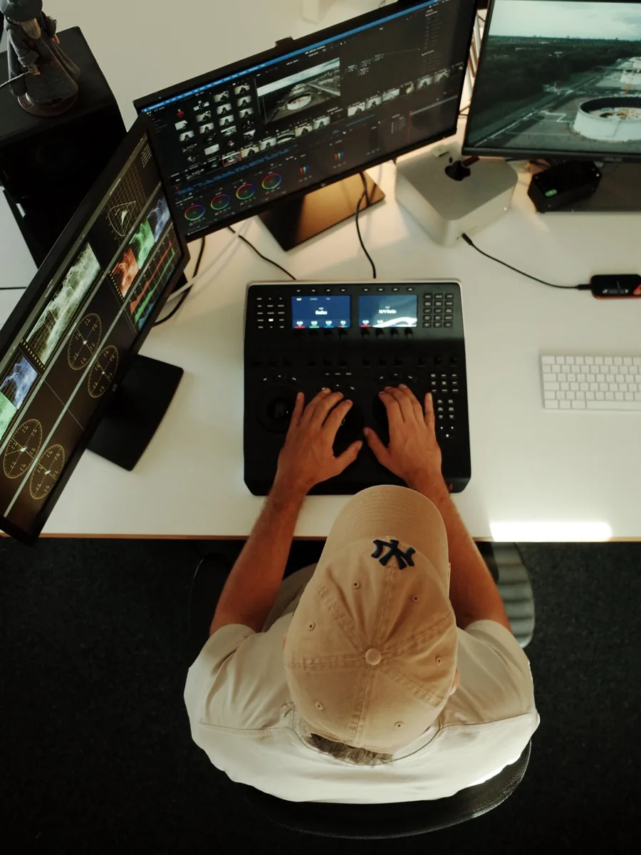 Schnittplatz im Studio Köln Postproduktion bei Le Werk in Köln: Blick von oben auf einen Schnittplatz, beide Hände am Bedienpult, davor Monitore mit Schnittprogramm und Standbild